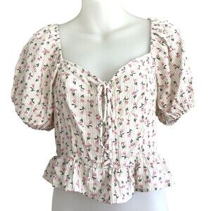 Womens Smocked Babydoll Fairy Top M White Pink Floral Blouse Puff Sleeves Crop